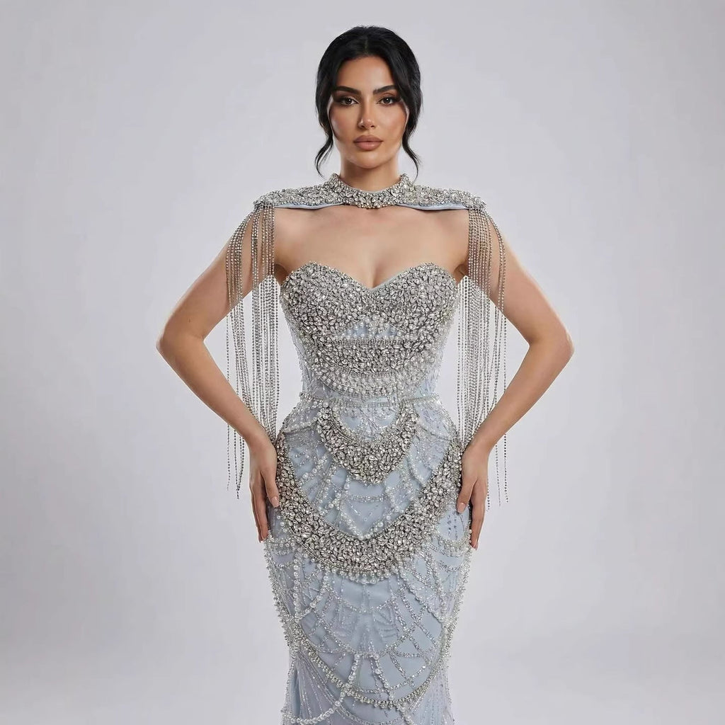 Nude Luxury Beaded Evening Dress with Tassel Short Cape LA72876