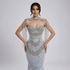 Nude Luxury Beaded Evening Dress with Tassel Short Cape LA72876