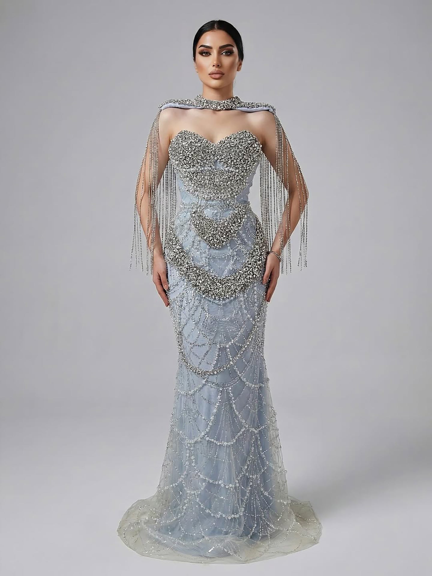 Nude Luxury Beaded Evening Dress with Tassel Short Cape LA72876
