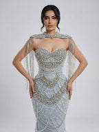 Nude Luxury Beaded Evening Dress with Tassel Short Cape LA72876