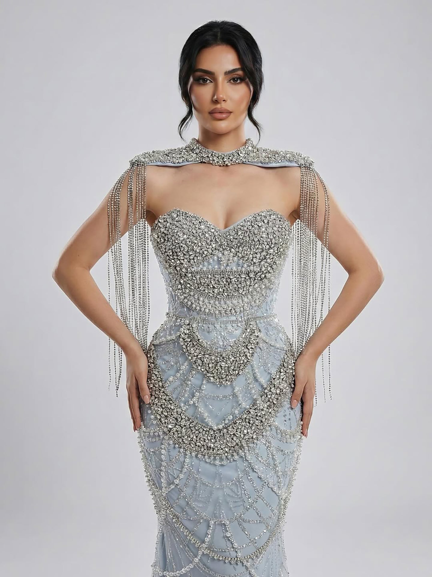 Nude Luxury Beaded Evening Dress with Tassel Short Cape LA72876