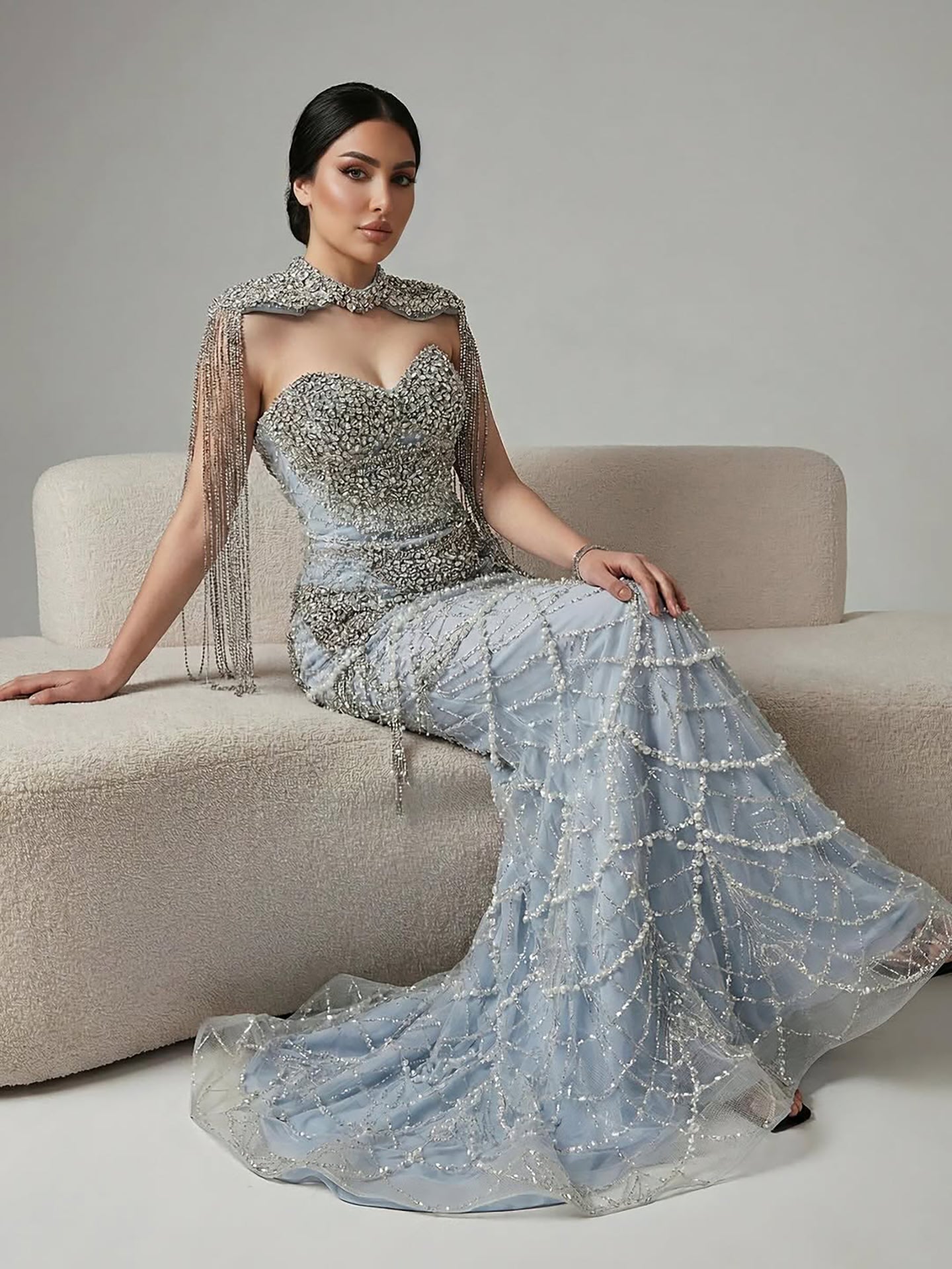 Nude Luxury Beaded Evening Dress with Tassel Short Cape LA72876