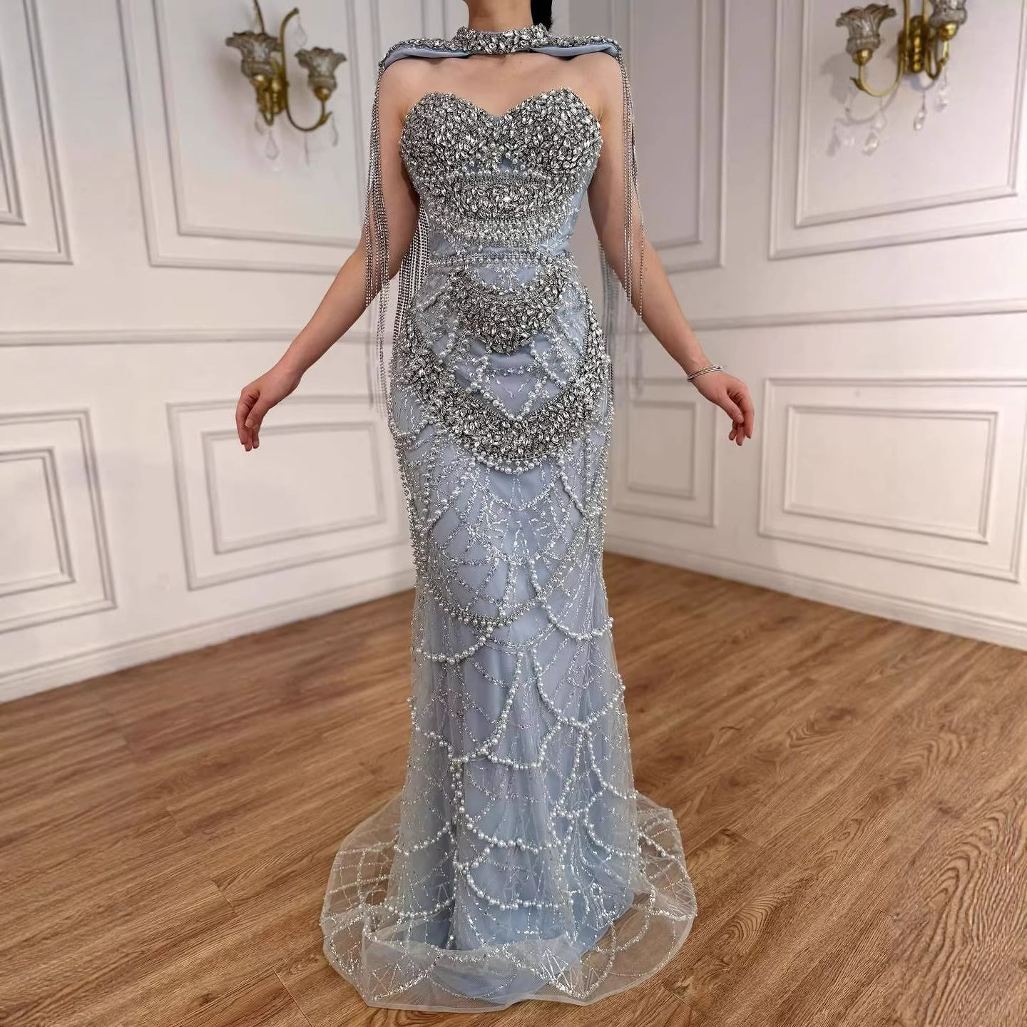 Nude Luxury Beaded Evening Dress with Tassel Short Cape LA72876