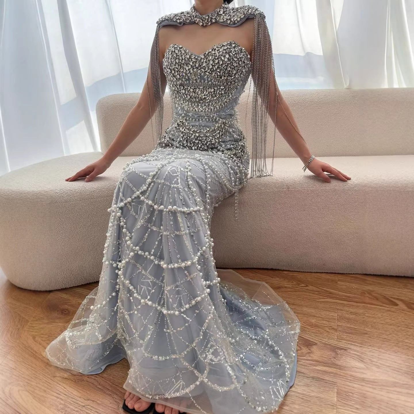 Nude Luxury Beaded Evening Dress with Tassel Short Cape LA72876