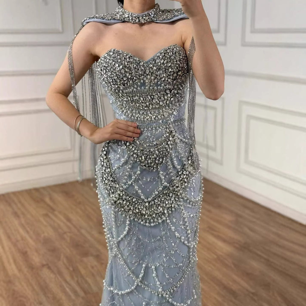 Nude Luxury Beaded Evening Dress with Tassel Short Cape LA72876