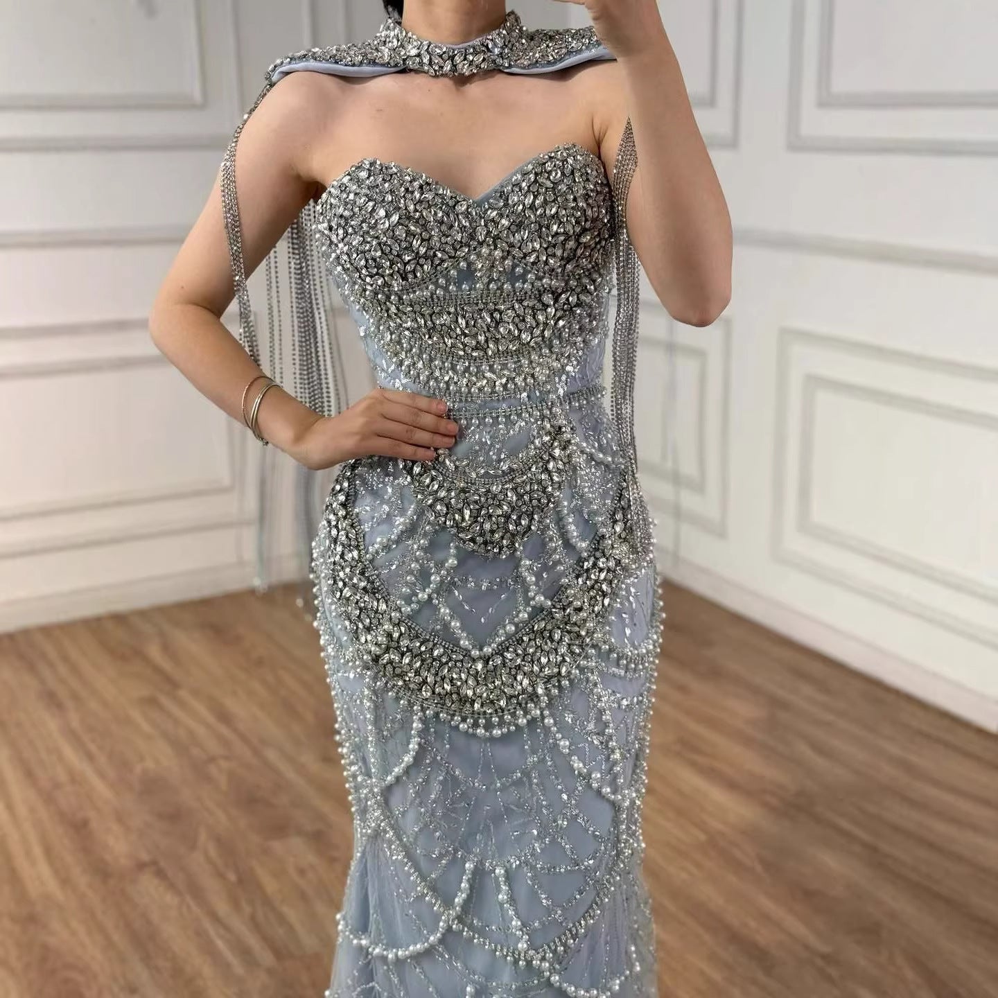 Nude Luxury Beaded Evening Dress with Tassel Short Cape LA72876