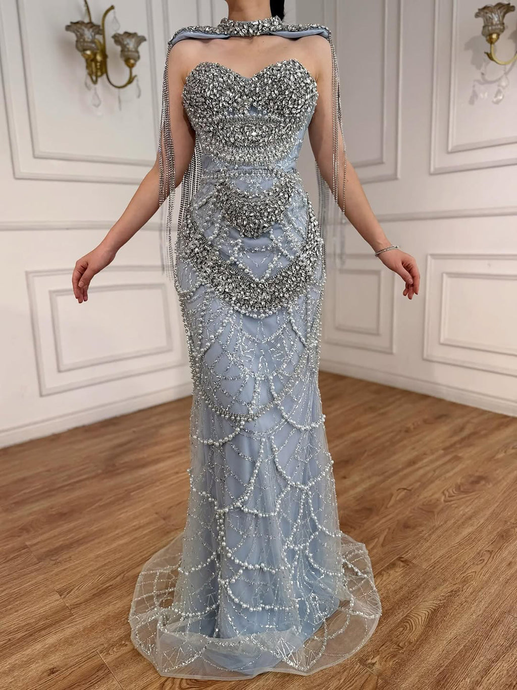 Nude Luxury Beaded Evening Dress with Tassel Short Cape LA72876