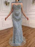 Nude Luxury Beaded Evening Dress with Tassel Short Cape LA72876