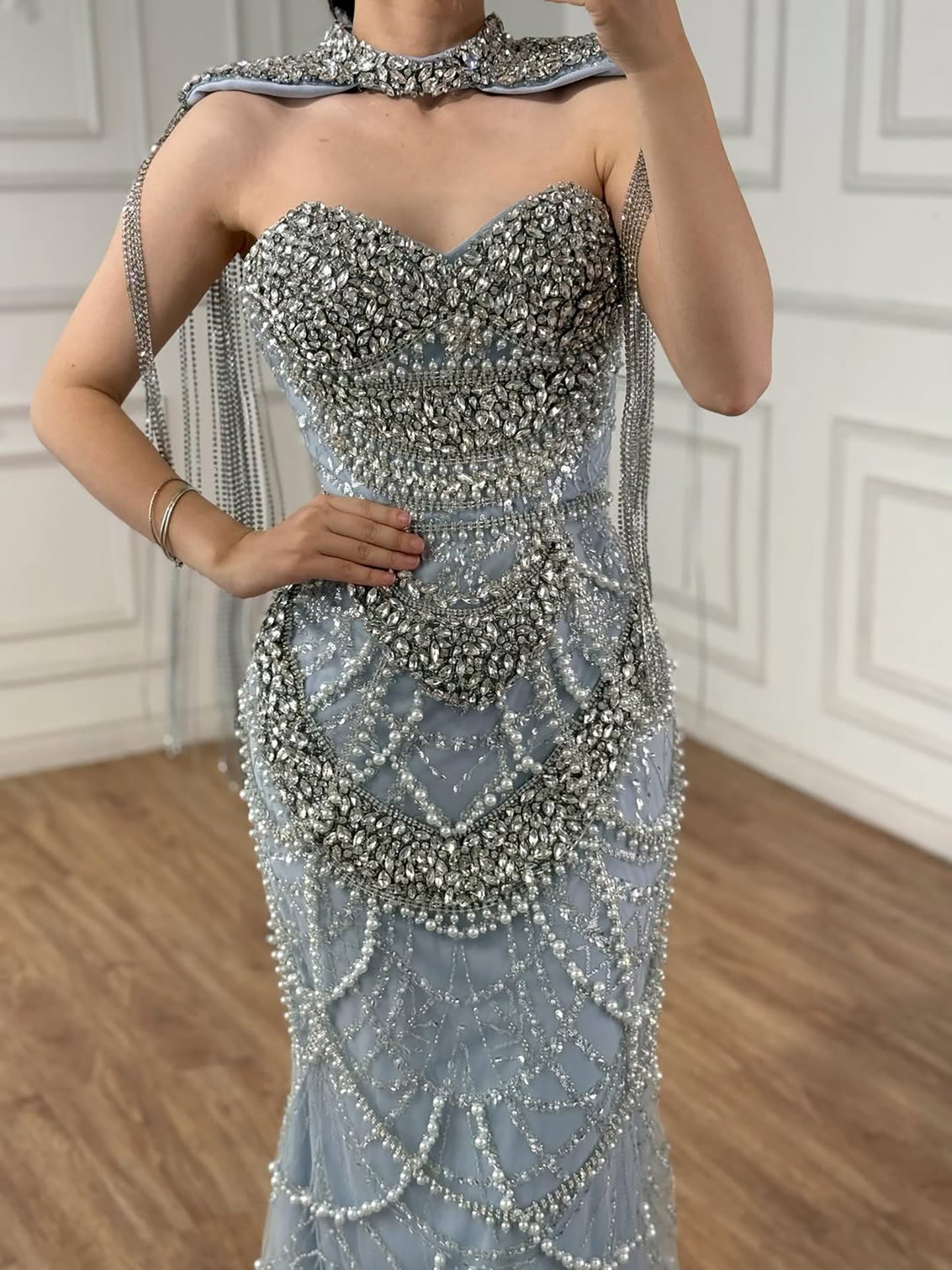 Nude Luxury Beaded Evening Dress with Tassel Short Cape LA72876