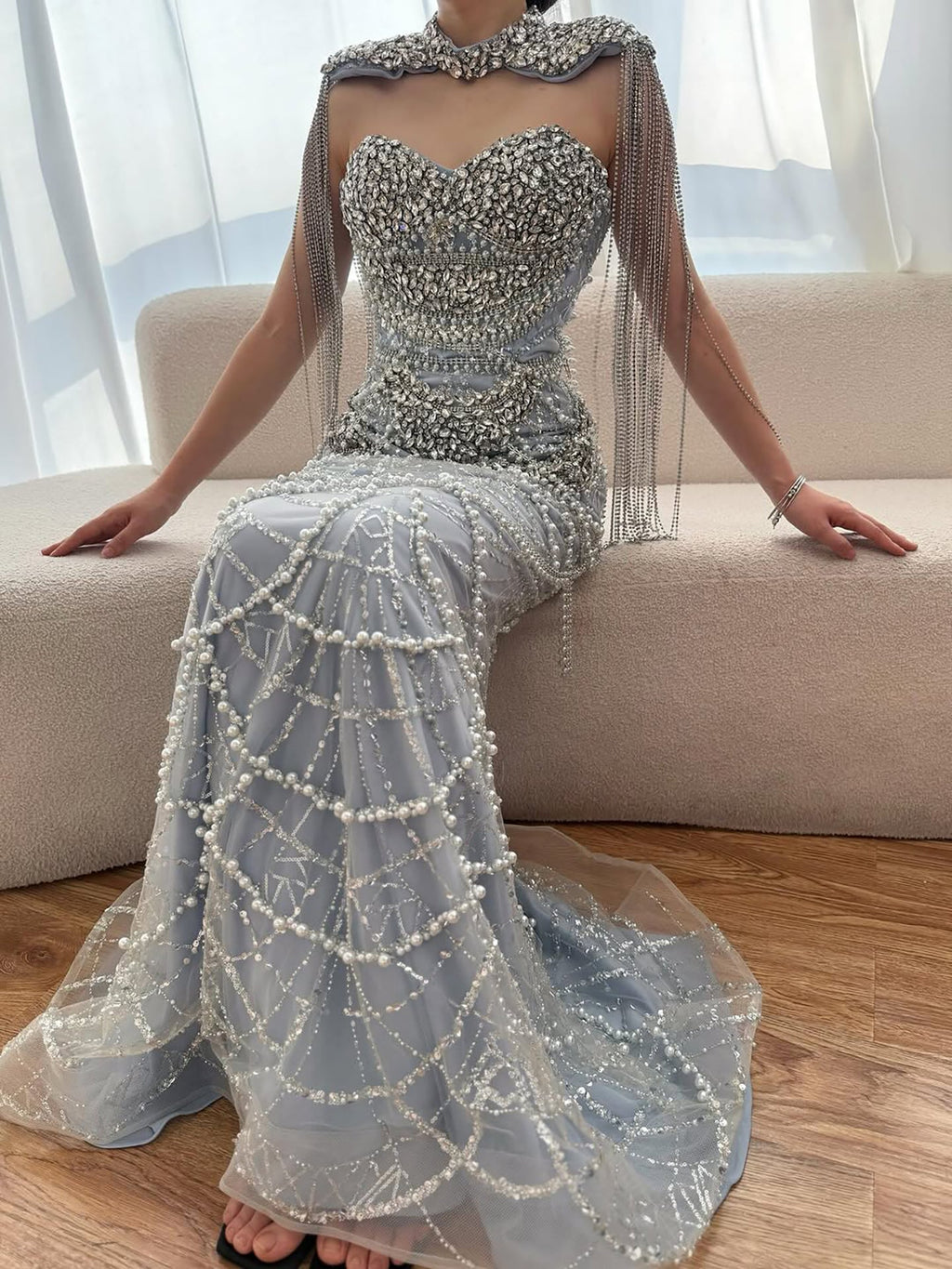 Nude Luxury Beaded Evening Dress with Tassel Short Cape LA72876
