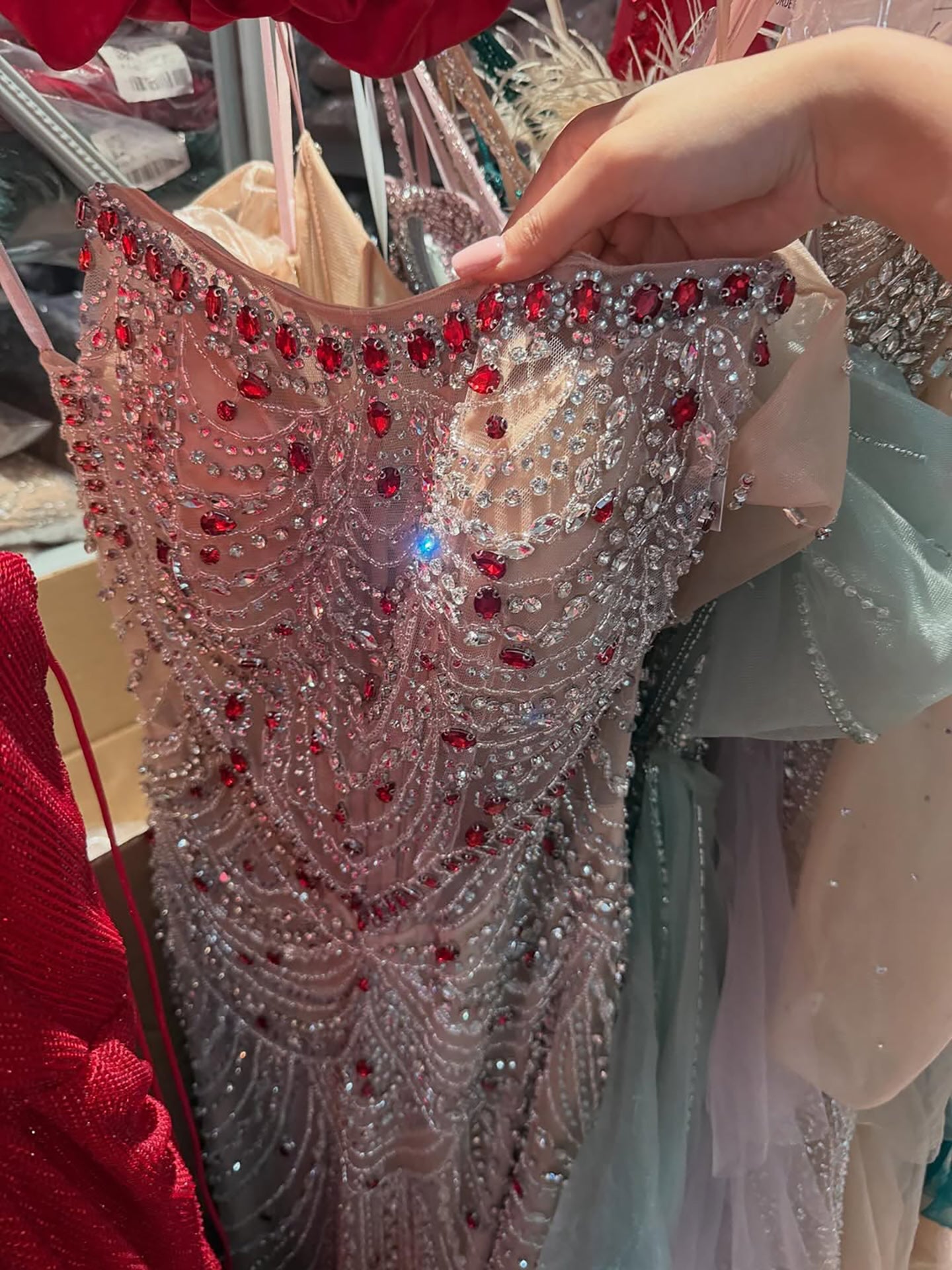 Glamorous Strapless Mermaid Gown with Red Ruffled Cape Train LA72903A