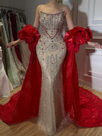 Glamorous Strapless Mermaid Gown with Red Ruffled Cape Train LA72903A