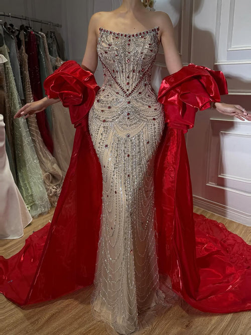 Glamorous Strapless Mermaid Gown with Red Ruffled Cape Train LA72903A
