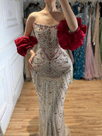 Glamorous Strapless Mermaid Gown with Red Ruffled Cape Train LA72903A