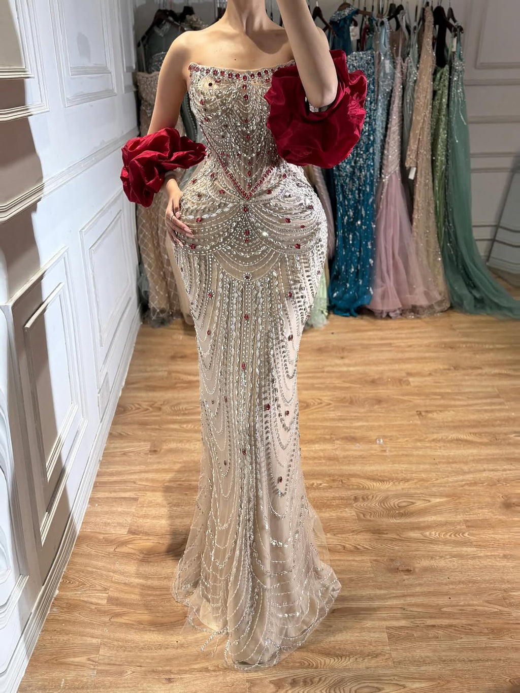 Glamorous Strapless Mermaid Gown with Red Ruffled Cape Train LA72903A