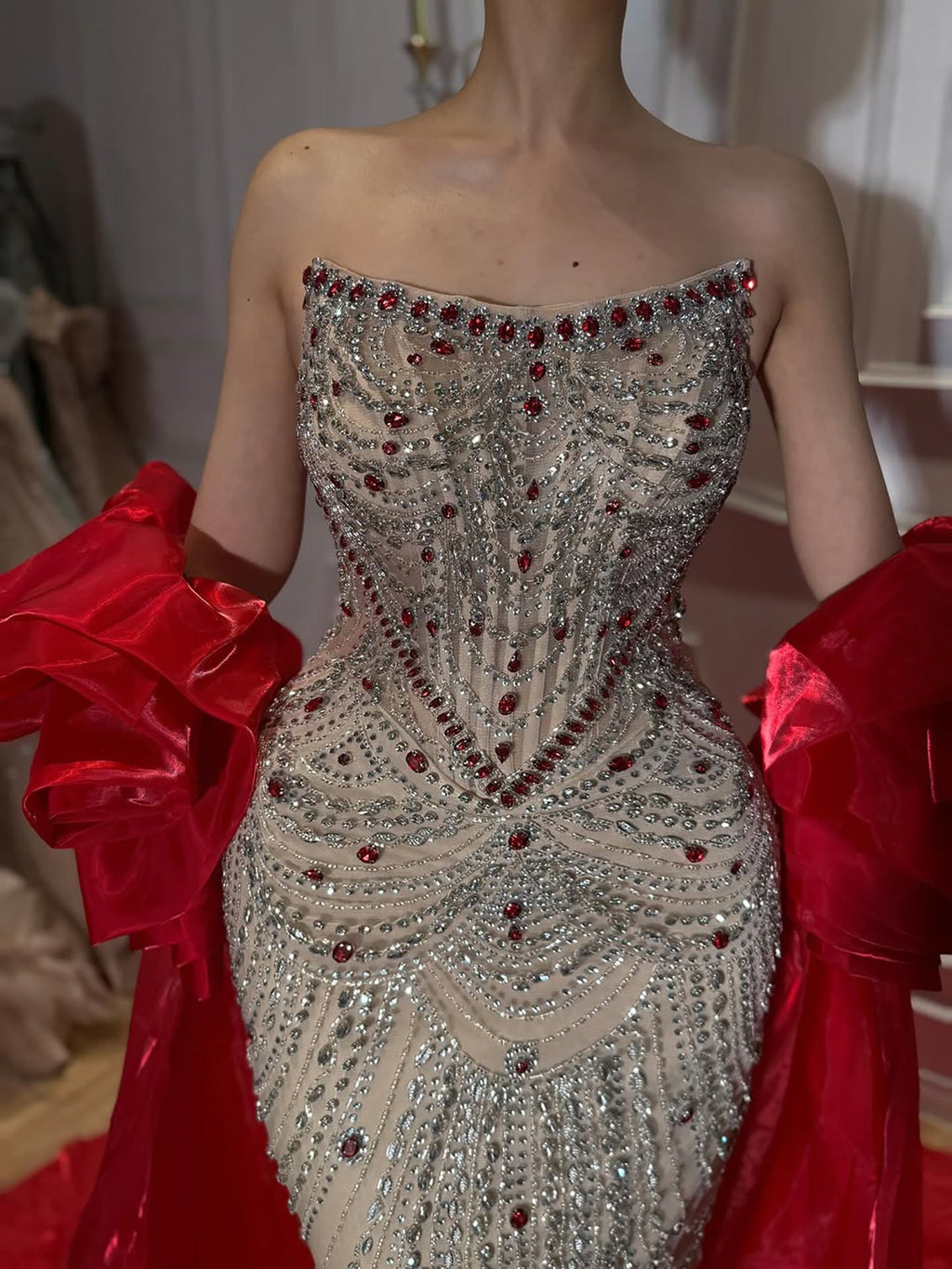 Glamorous Strapless Mermaid Gown with Red Ruffled Cape Train LA72903A