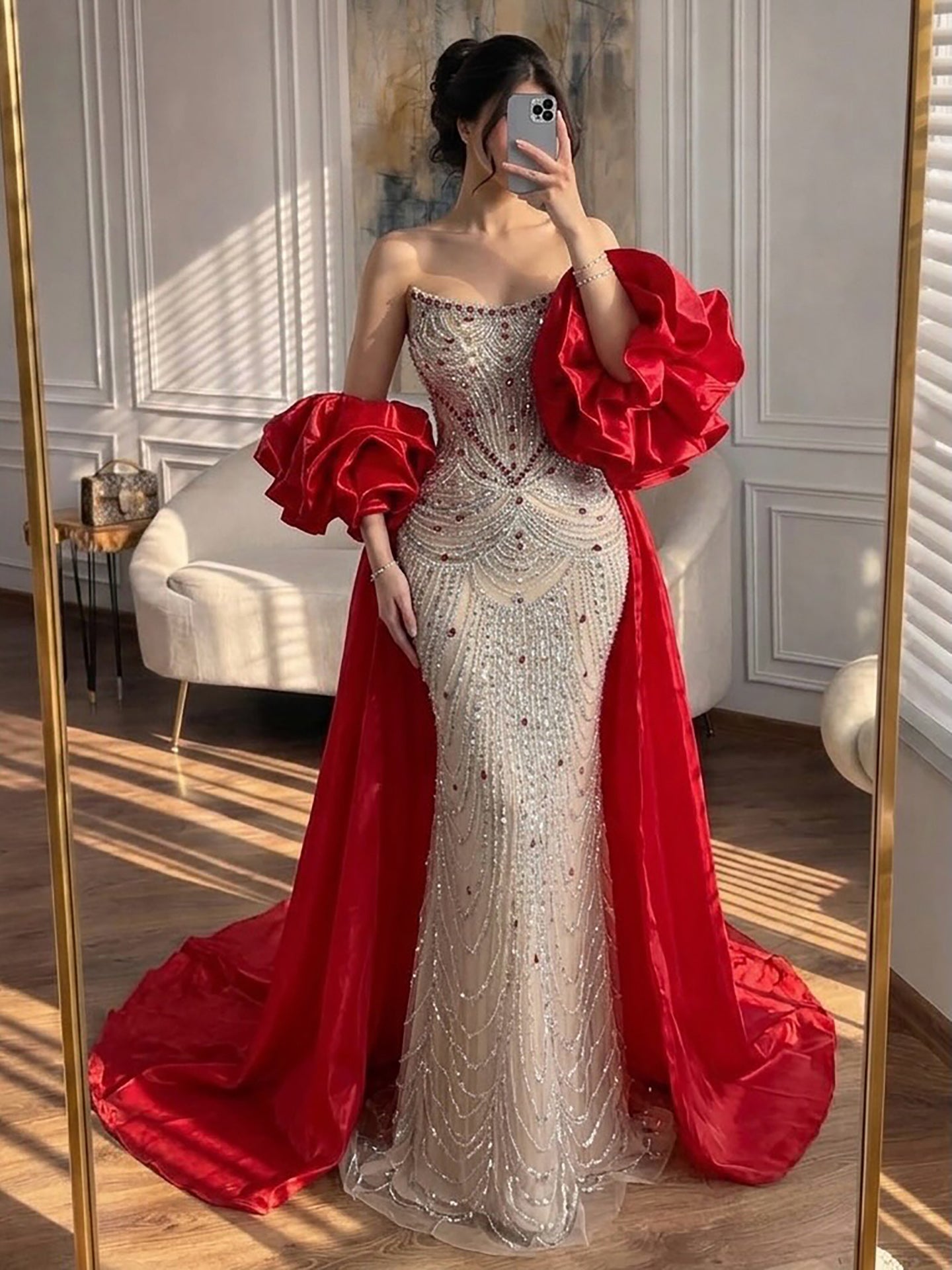 Glamorous Strapless Mermaid Gown with Red Ruffled Cape Train LA72903A