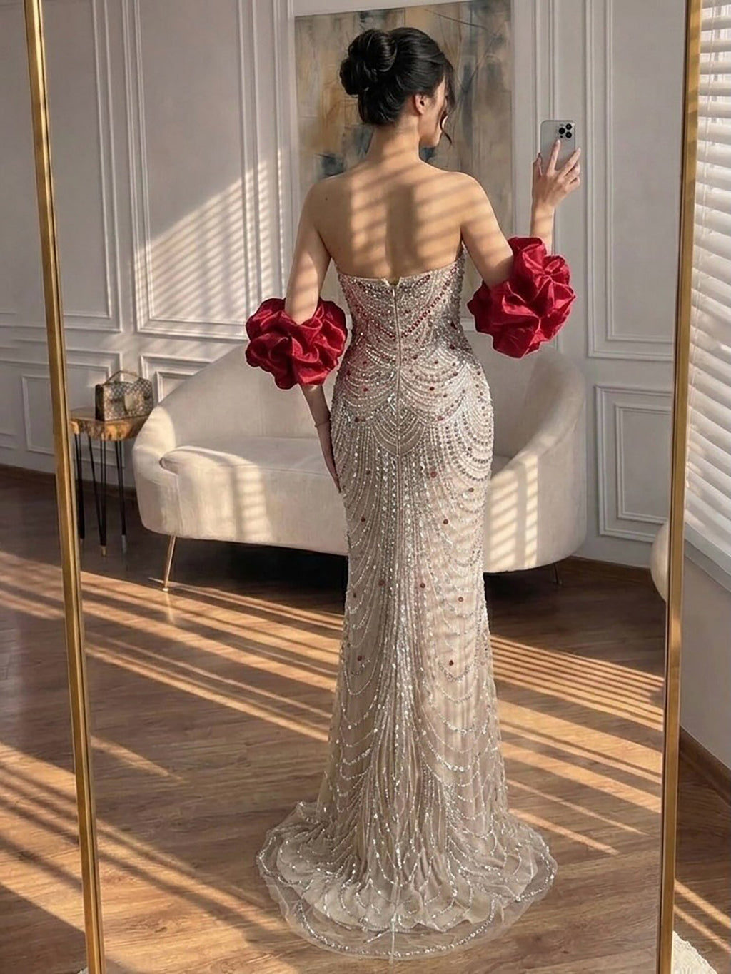Glamorous Strapless Mermaid Gown with Red Ruffled Cape Train LA72903A