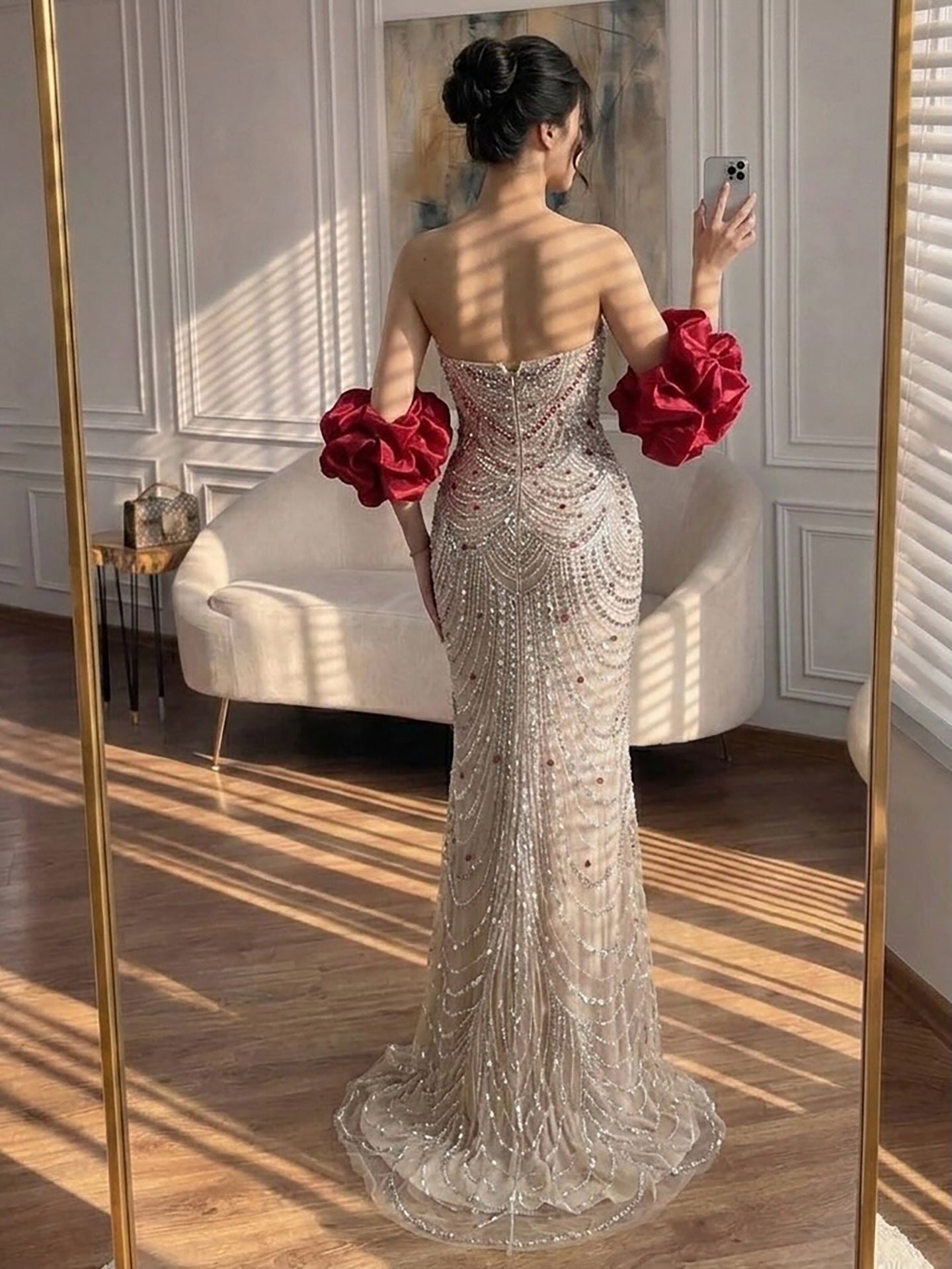Glamorous Strapless Mermaid Gown with Red Ruffled Cape Train LA72903A