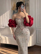 Glamorous Strapless Mermaid Gown with Red Ruffled Cape Train LA72903A