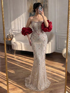 Glamorous Strapless Mermaid Gown with Red Ruffled Cape Train LA72903A