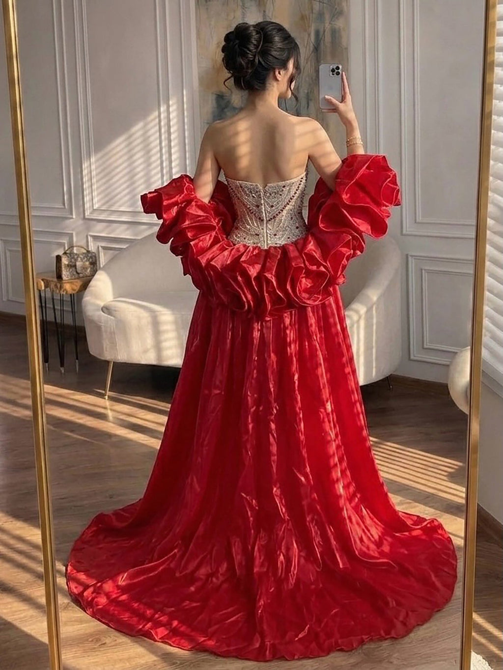Glamorous Strapless Mermaid Gown with Red Ruffled Cape Train LA72903A