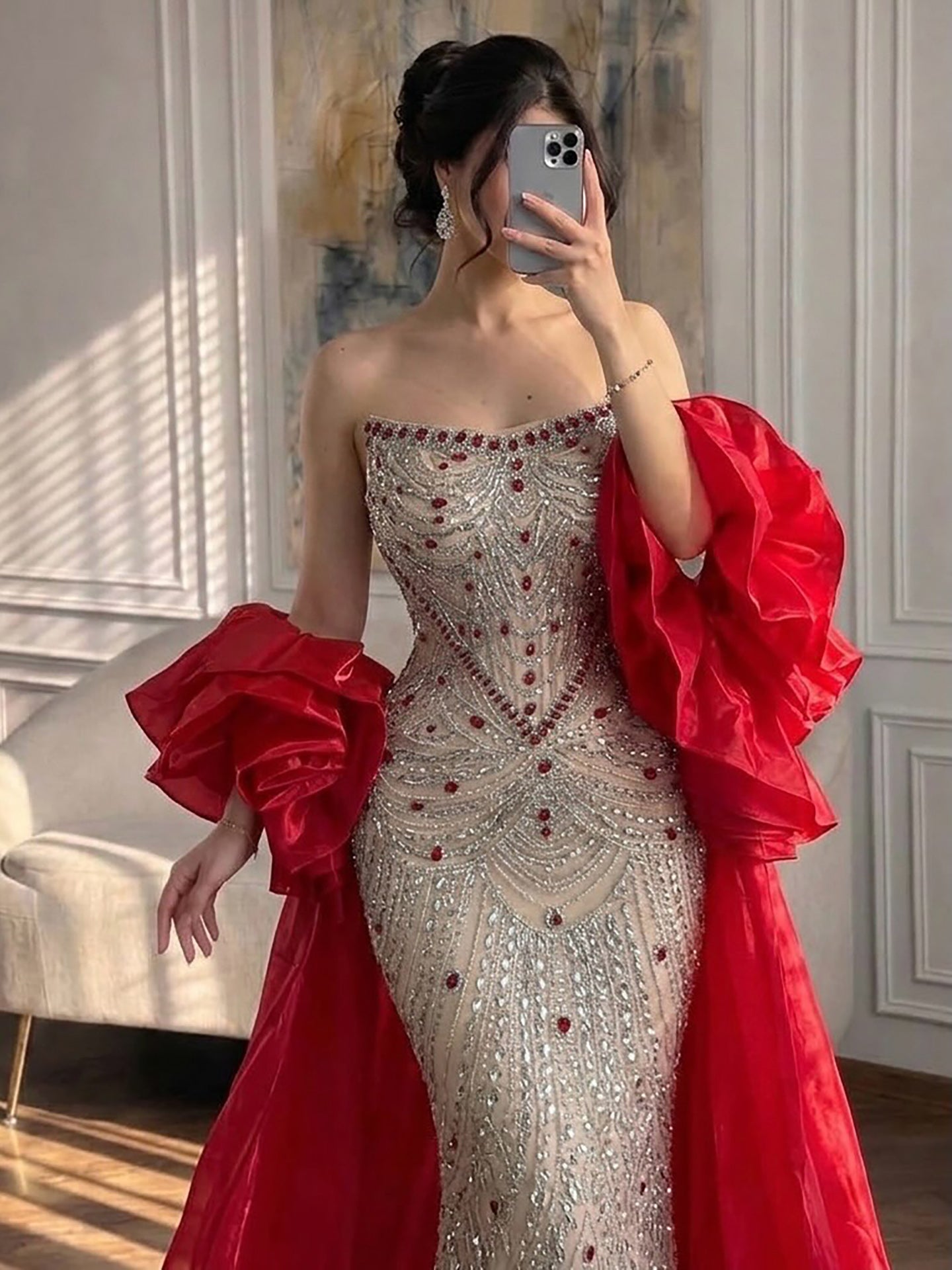 Glamorous Strapless Mermaid Gown with Red Ruffled Cape Train LA72903A