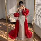 Glamorous Strapless Mermaid Gown with Red Ruffled Cape Train LA72903A