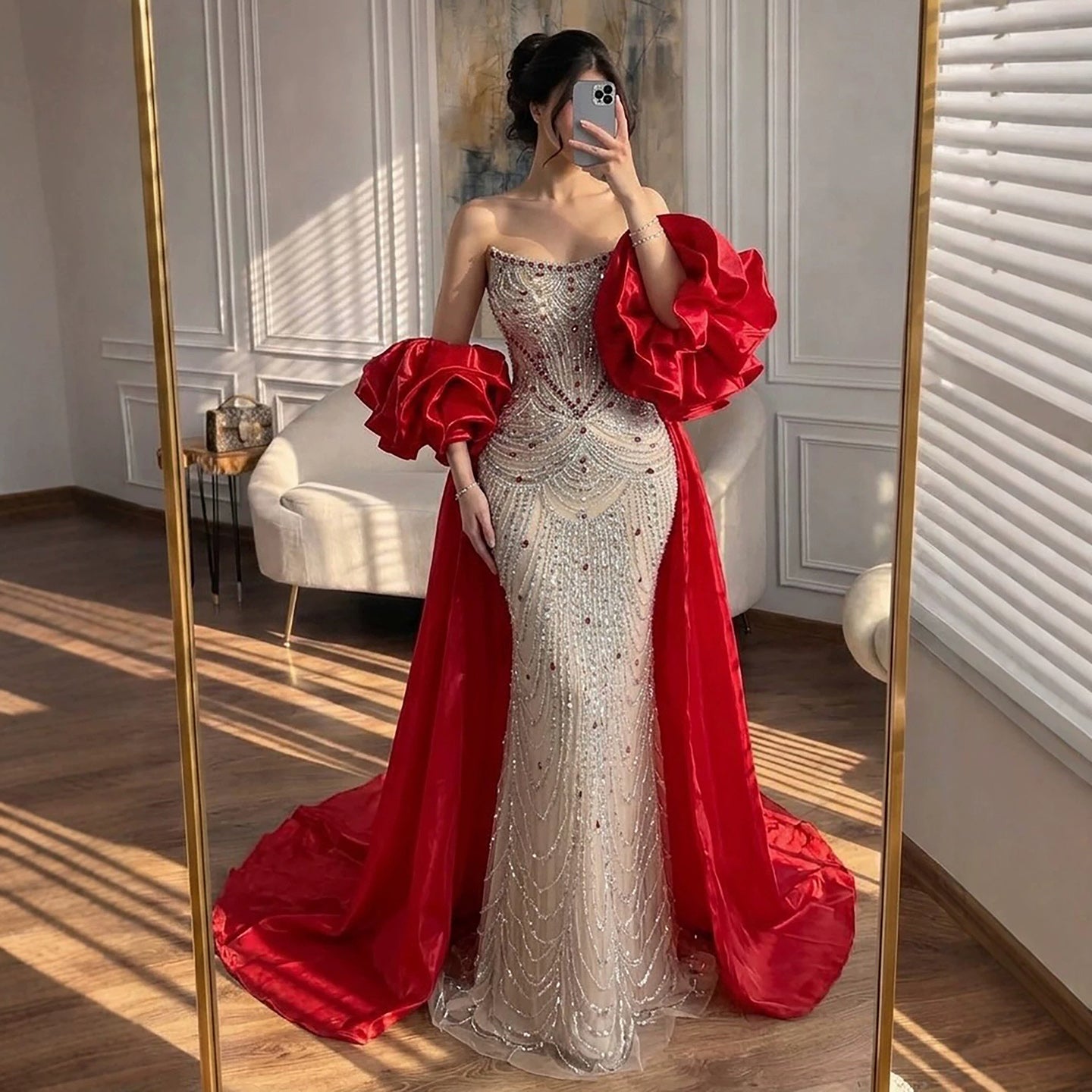 Glamorous Strapless Mermaid Gown with Red Ruffled Cape Train LA72903A
