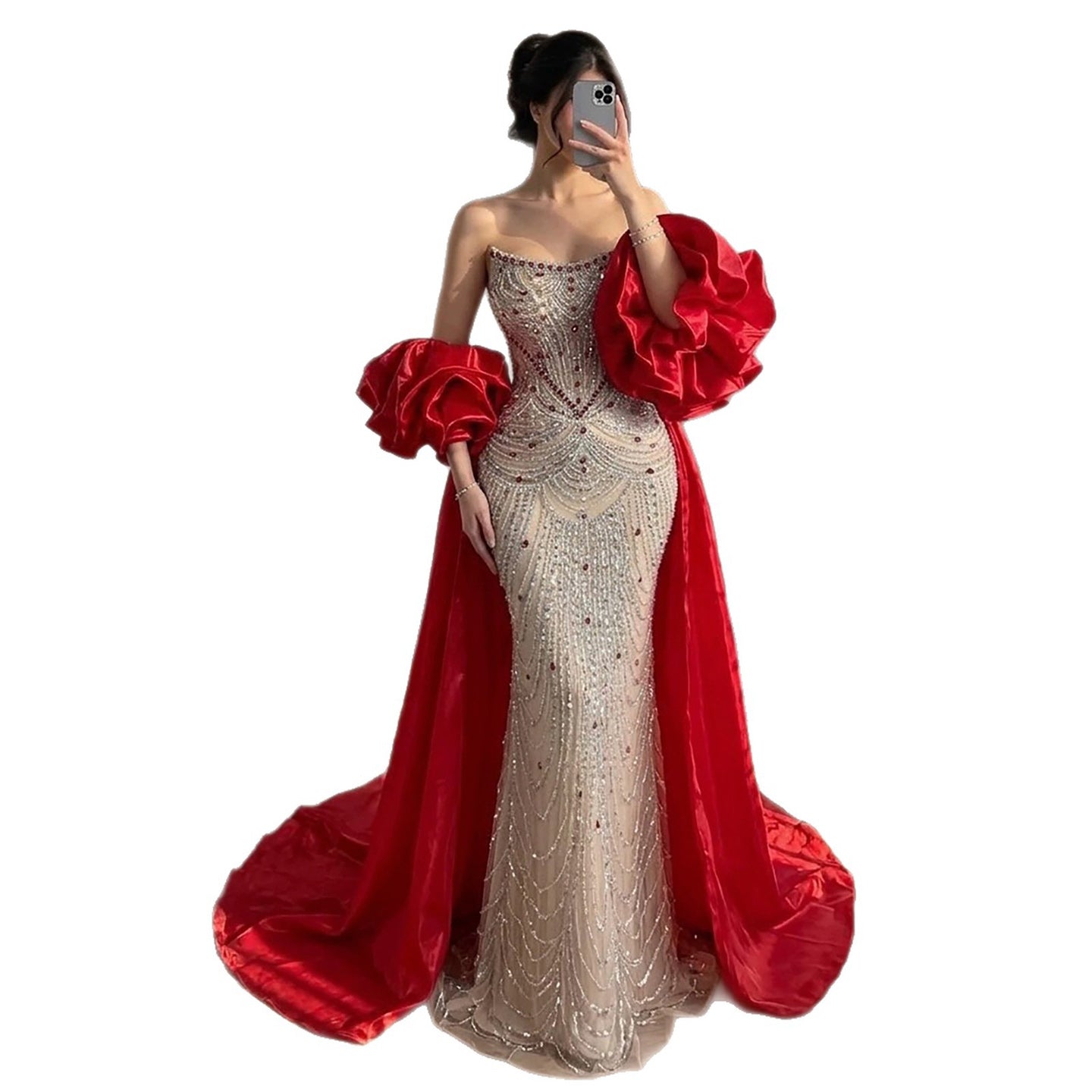 Glamorous Strapless Mermaid Gown with Red Ruffled Cape Train LA72903A