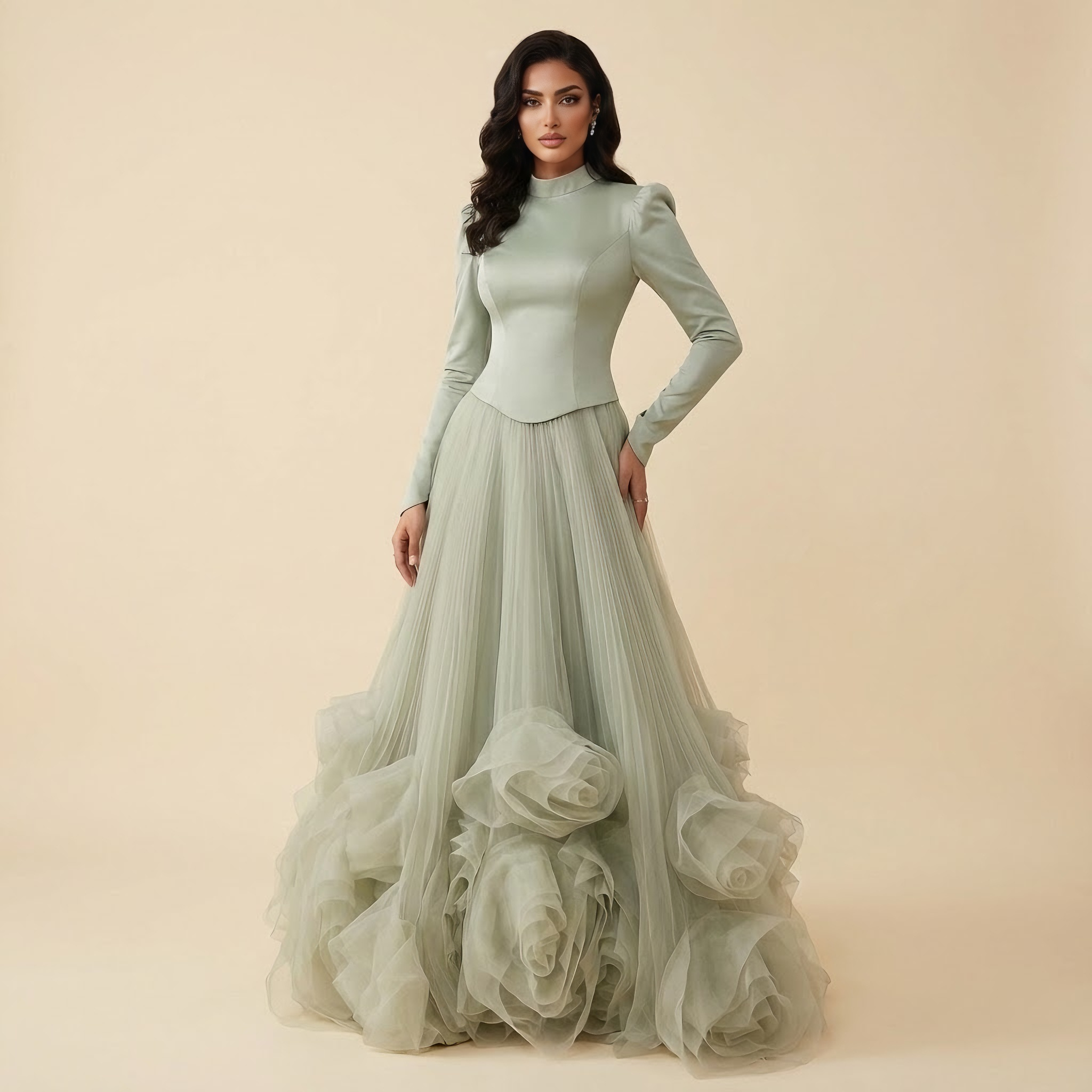 Luxury Sage Green Modest Muslim 3D Flower A-Line Evening Dress LA72913B - SERENE HILL