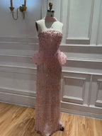Elegant Pink Beaded Tassel Peplum Strapless Evening Dress LA72915D
