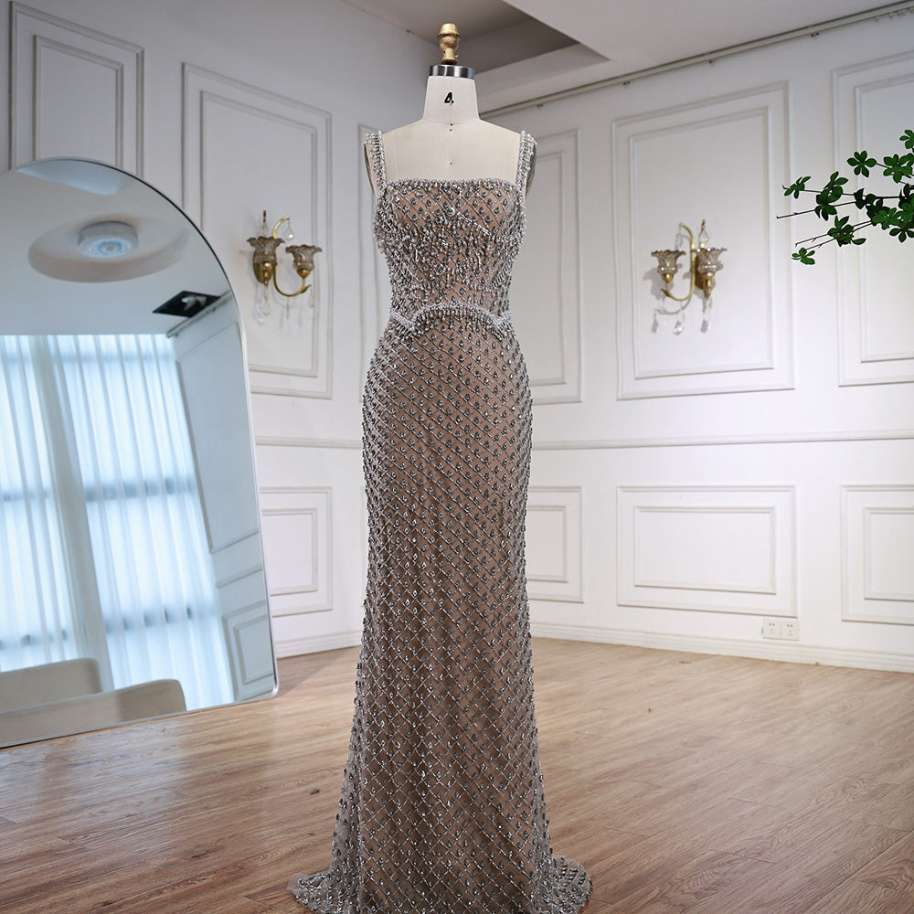 Luxury Silver Mermaid Evening Dress with Designed Stones LA72919