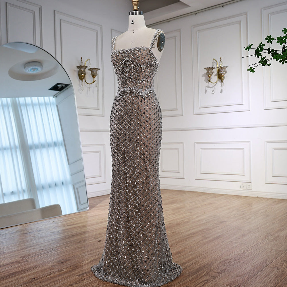 Luxury Silver Mermaid Evening Dress with Designed Stones LA72919
