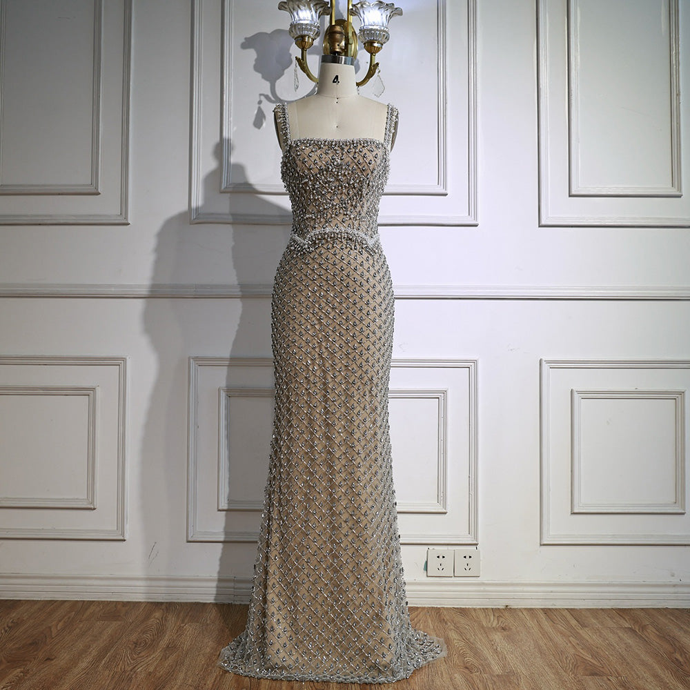 Luxury Silver Mermaid Evening Dress with Designed Stones LA72919