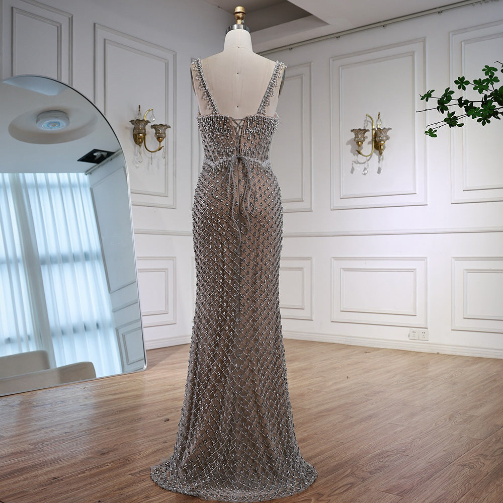 Luxury Silver Mermaid Evening Dress with Designed Stones LA72919