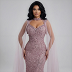 Pink Mermaid Luxury Beaded Evening Gown with Cape Sleeves LA72921
