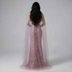 Pink Mermaid Luxury Beaded Evening Gown with Cape Sleeves LA72921