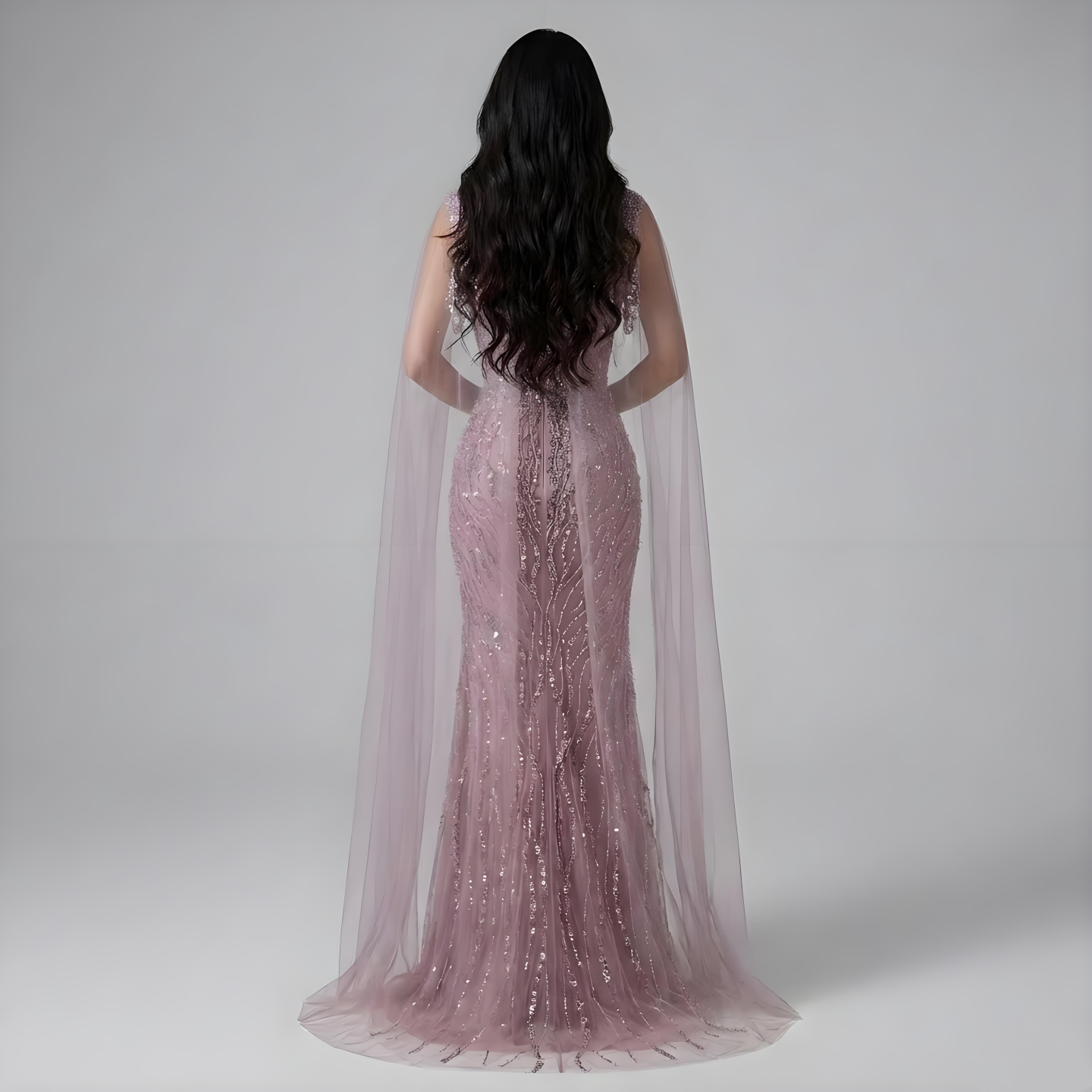 Pink Mermaid Luxury Beaded Evening Gown with Cape Sleeves LA72921