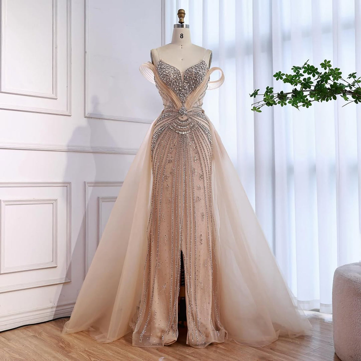 Luxury Nude Beaded Mermaid Evening Dress with Overskirt and Slit LA73034