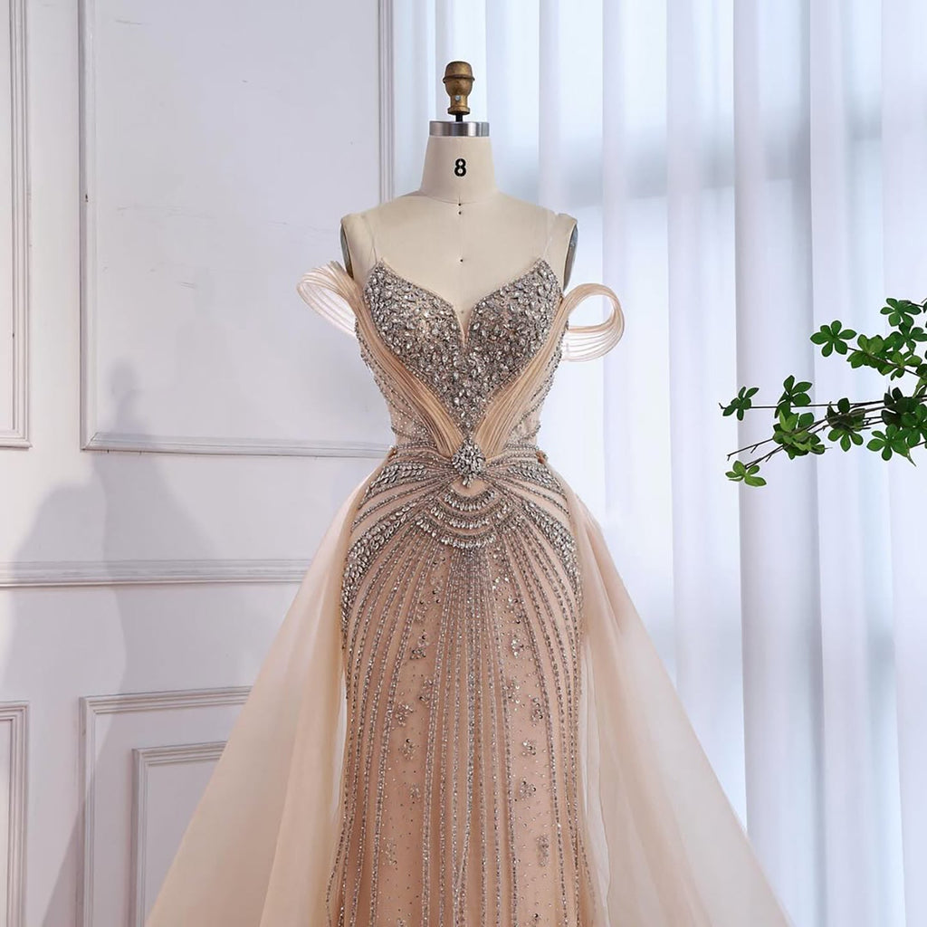 Luxury Nude Beaded Mermaid Evening Dress with Overskirt and Slit LA73034
