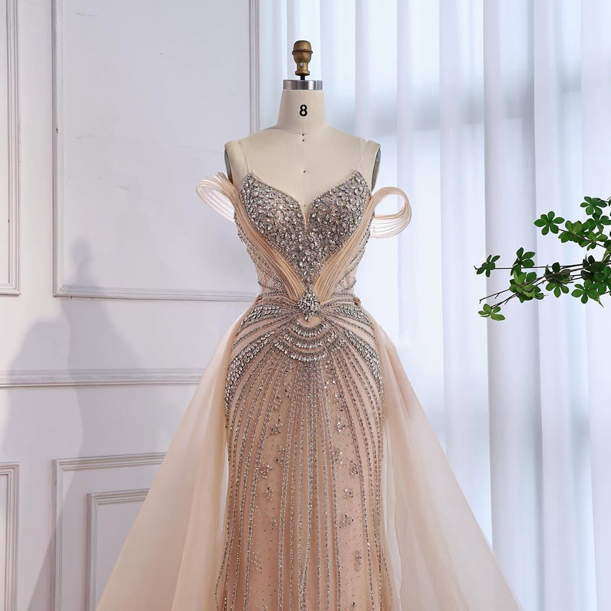 Luxury Nude Beaded Mermaid Evening Dress with Overskirt and Slit LA73034
