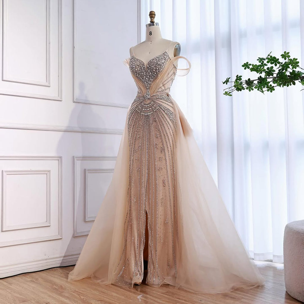 Luxury Nude Beaded Mermaid Evening Dress with Overskirt and Slit LA73034