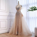 Luxury Nude Beaded Mermaid Evening Dress with Overskirt and Slit LA73034