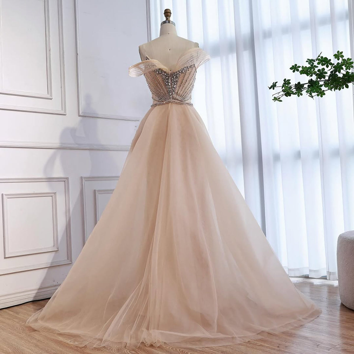 Luxury Nude Beaded Mermaid Evening Dress with Overskirt and Slit LA73034