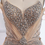Luxury Nude Beaded Mermaid Evening Dress with Overskirt and Slit LA73034