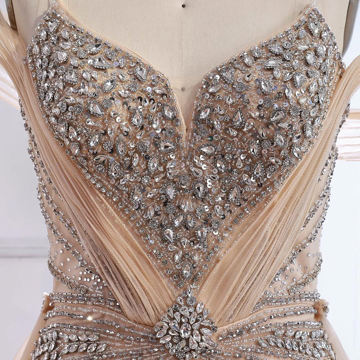 Luxury Nude Beaded Mermaid Evening Dress with Overskirt and Slit LA73034