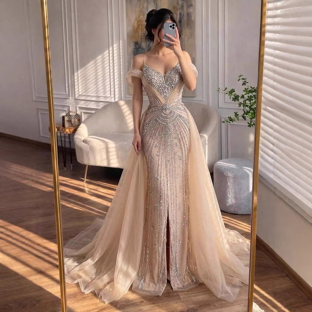 Luxury Nude Beaded Mermaid Evening Dress with Overskirt and Slit LA73034