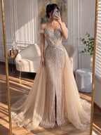 Luxury Nude Beaded Mermaid Evening Dress with Overskirt and Slit LA73034