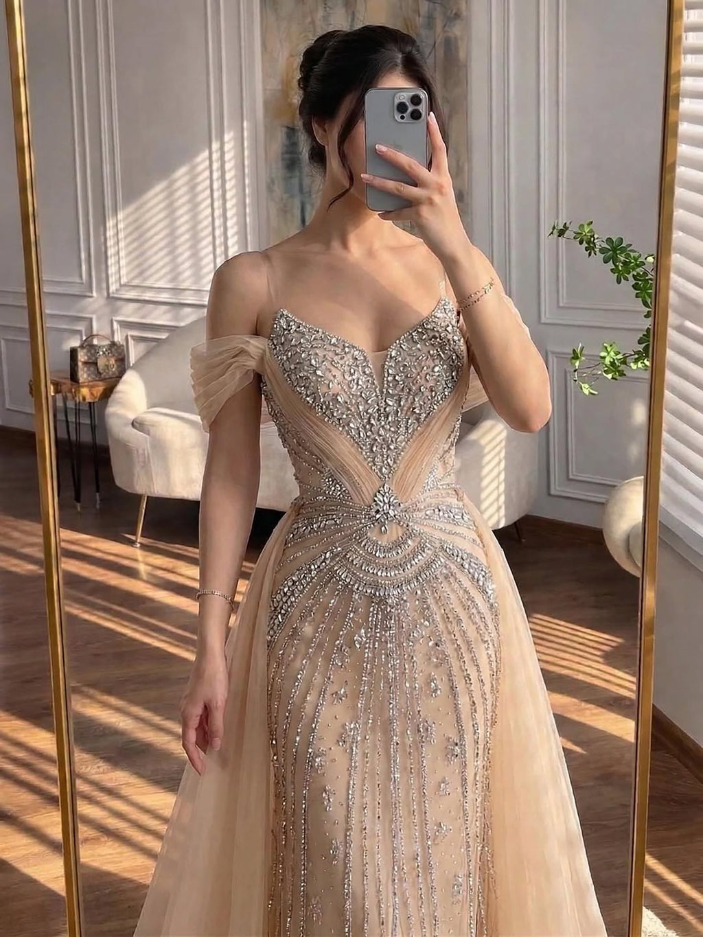 Luxury Nude Beaded Mermaid Evening Dress with Overskirt and Slit LA73034